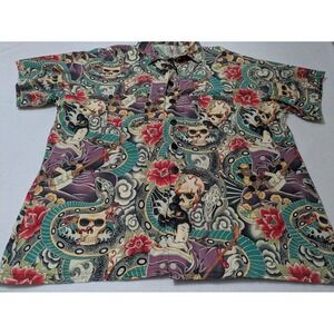Button Down Shirt‎ Mens 2x XXL Skulls Geisha Rockabilly Hawaiian Serpent Snake